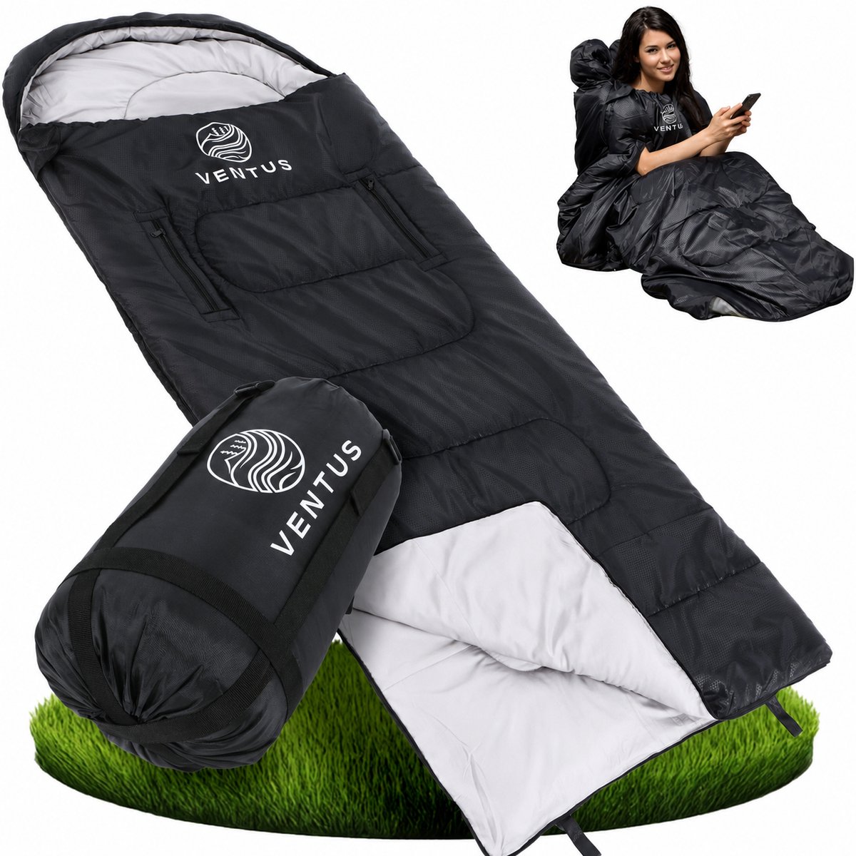 Ventus Tri-Season Slaapzak - Slaapzakken Volwassenen & Kind - Sleeping Bag - Lichtgewicht - Dekenmodel - 220 x 83 cm - Zwart