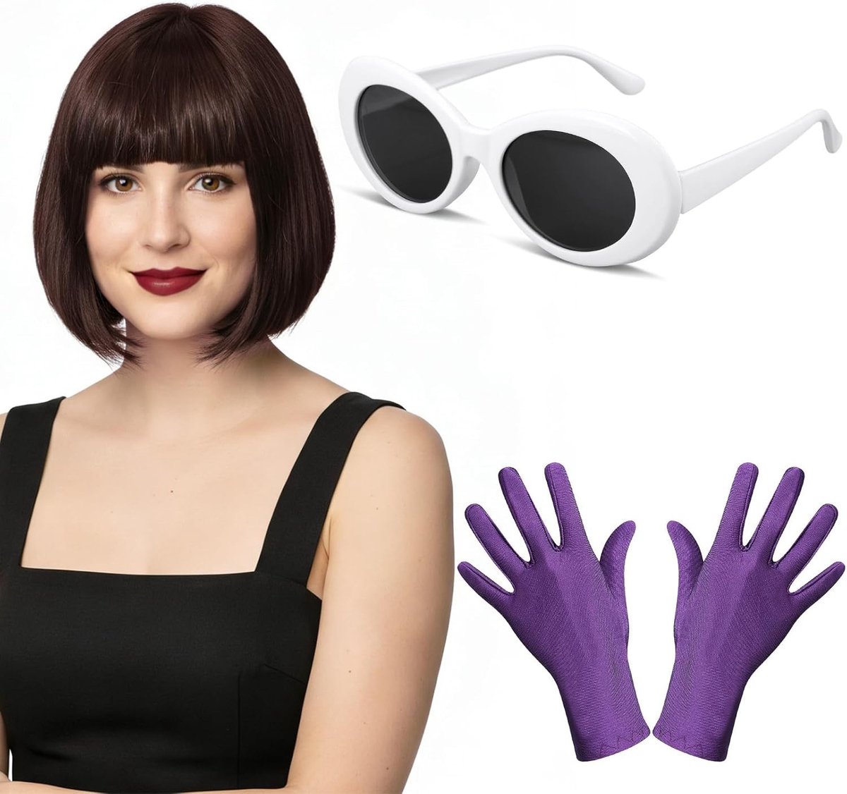 3-delige Carnaval Kostuum Accessoires voor Vrouwen: Bruine Bob Perkapsel, Zonnebril en Paarse Handschoenen voor Mardi Gras, Hippie en 1920s Cosplay