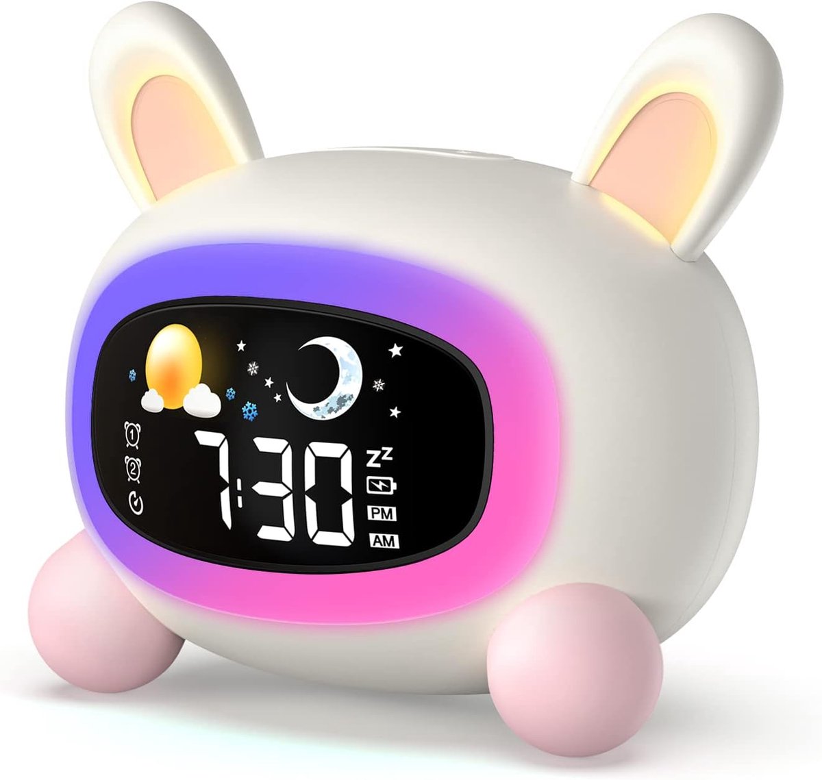 Lichtwekker voor kinderen, met nachtlampje, werkt op batterijen, slaaptrainer met snooze-functie, 4 helderheidsniveaus en kleurrijk licht, digitale wekker voor kinderen, jongens en meisjes