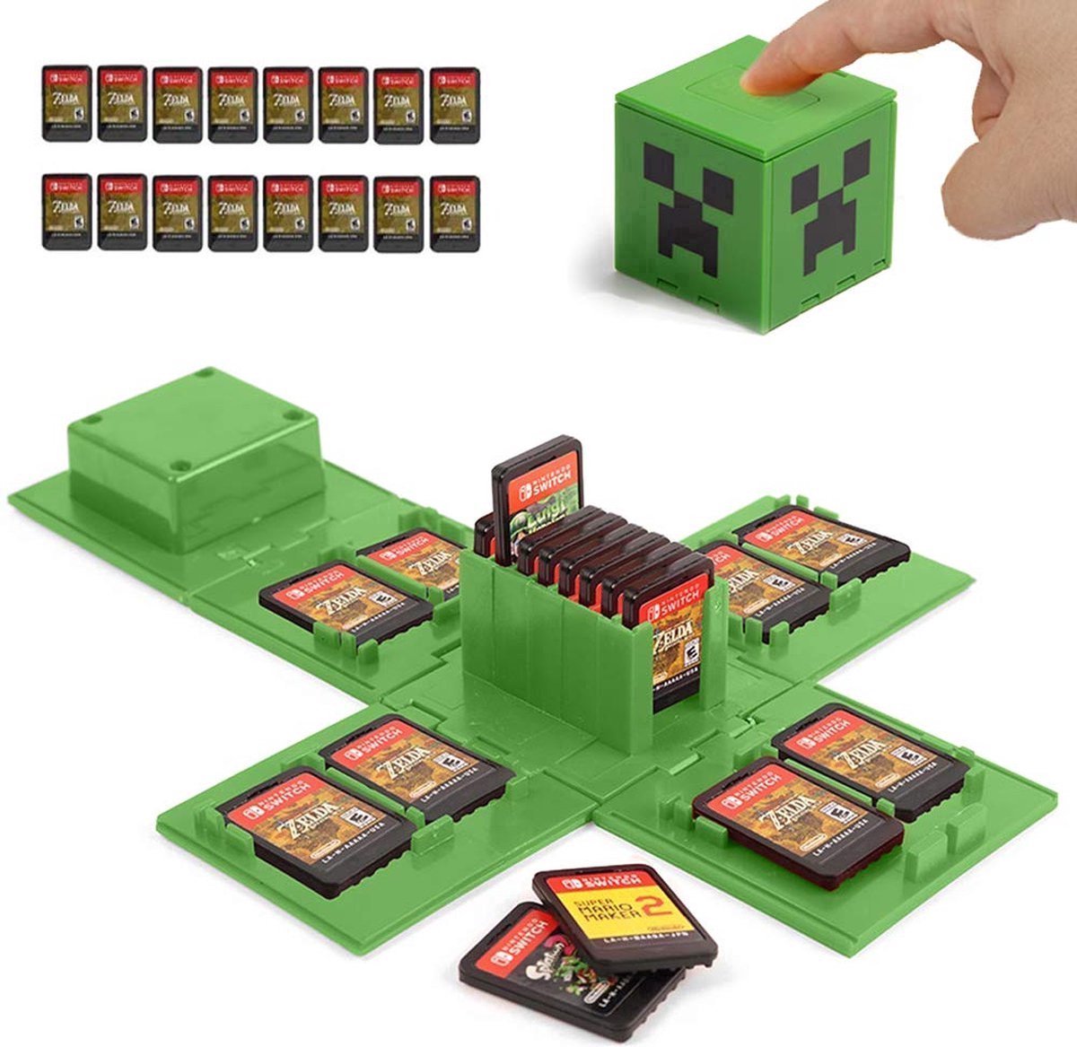 Game card case - Gamekoffer geschikt voor Nintendo Switch-Spelkaartpakket-16 game-opslagkubussen-Draagbare gamekaartopbergtas-geschikt voor Switch Lite/Oled-Groen