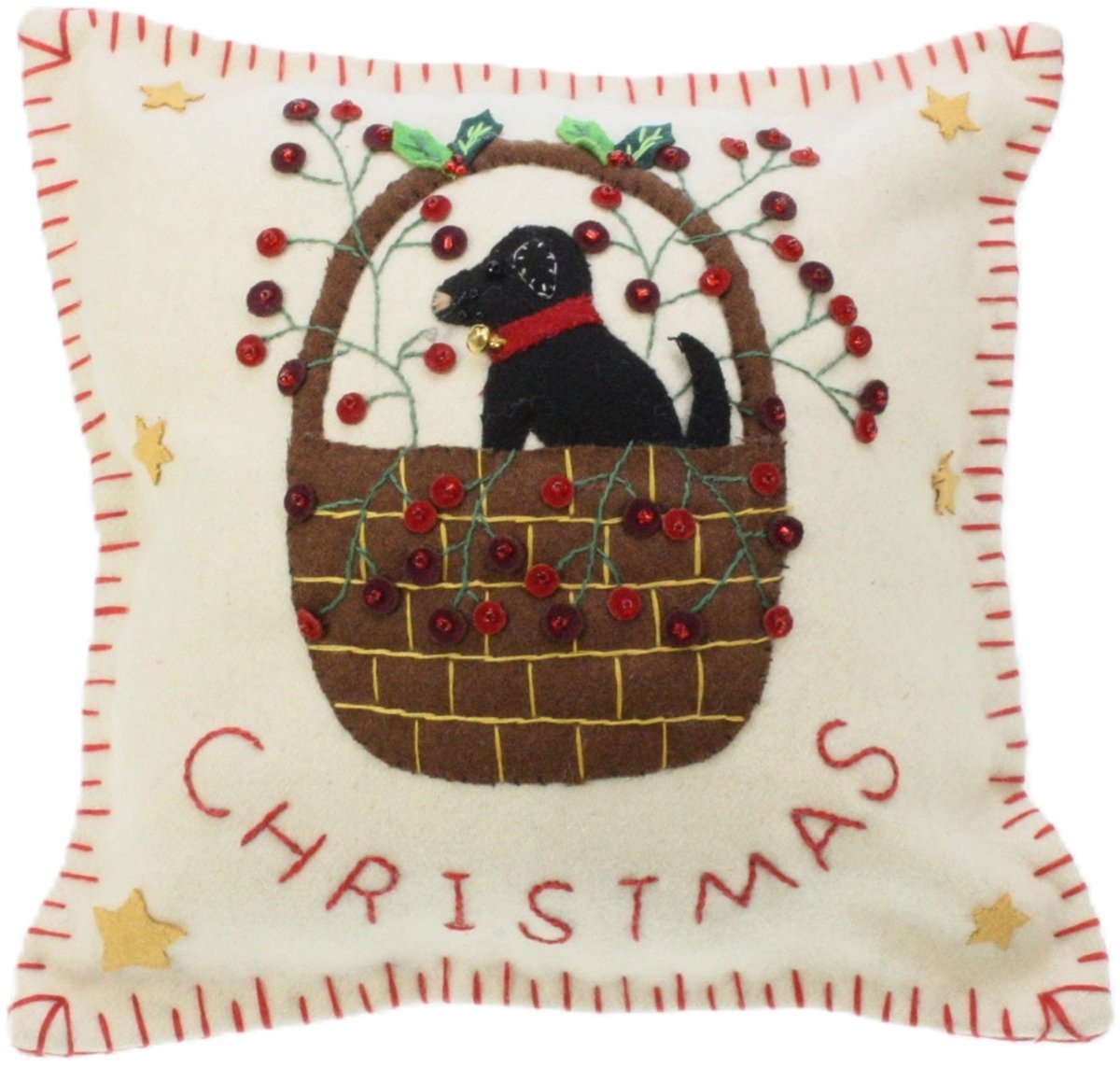 Kussen wit Hond in mand Christmas vilt incl. vulling 25x25cm