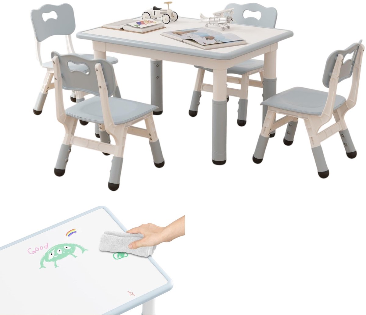 Kindertafel en -stoelset - Antislip tafelpoten - In hoogte verstelbaar - Uitwisbaar whiteboard/tekenblad - Perfect voor kinderkamers, babykamers en gezinnen - Geel 80x60 cm