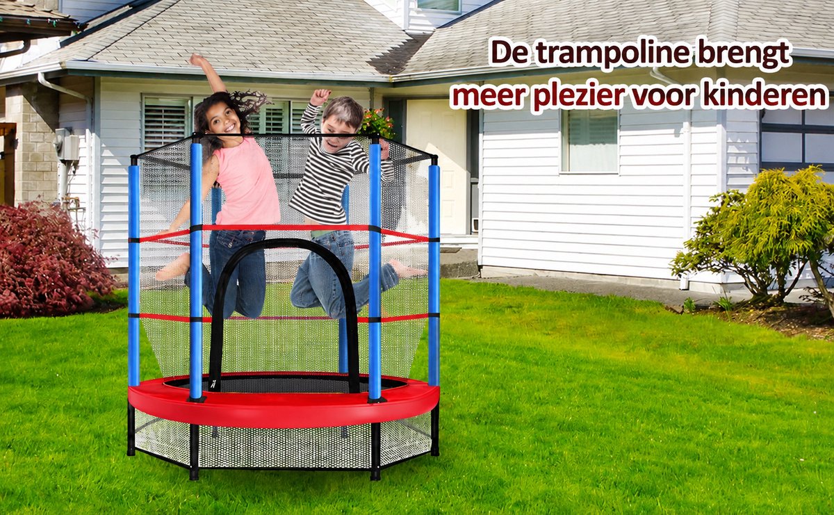 Trampoline Ø140 cm – Kinder Trampoline voor Binnen en Buiten – met Verhoogd Veiligheidsnet en Stalen Frame – Blauw/Rood — afbeelding 2