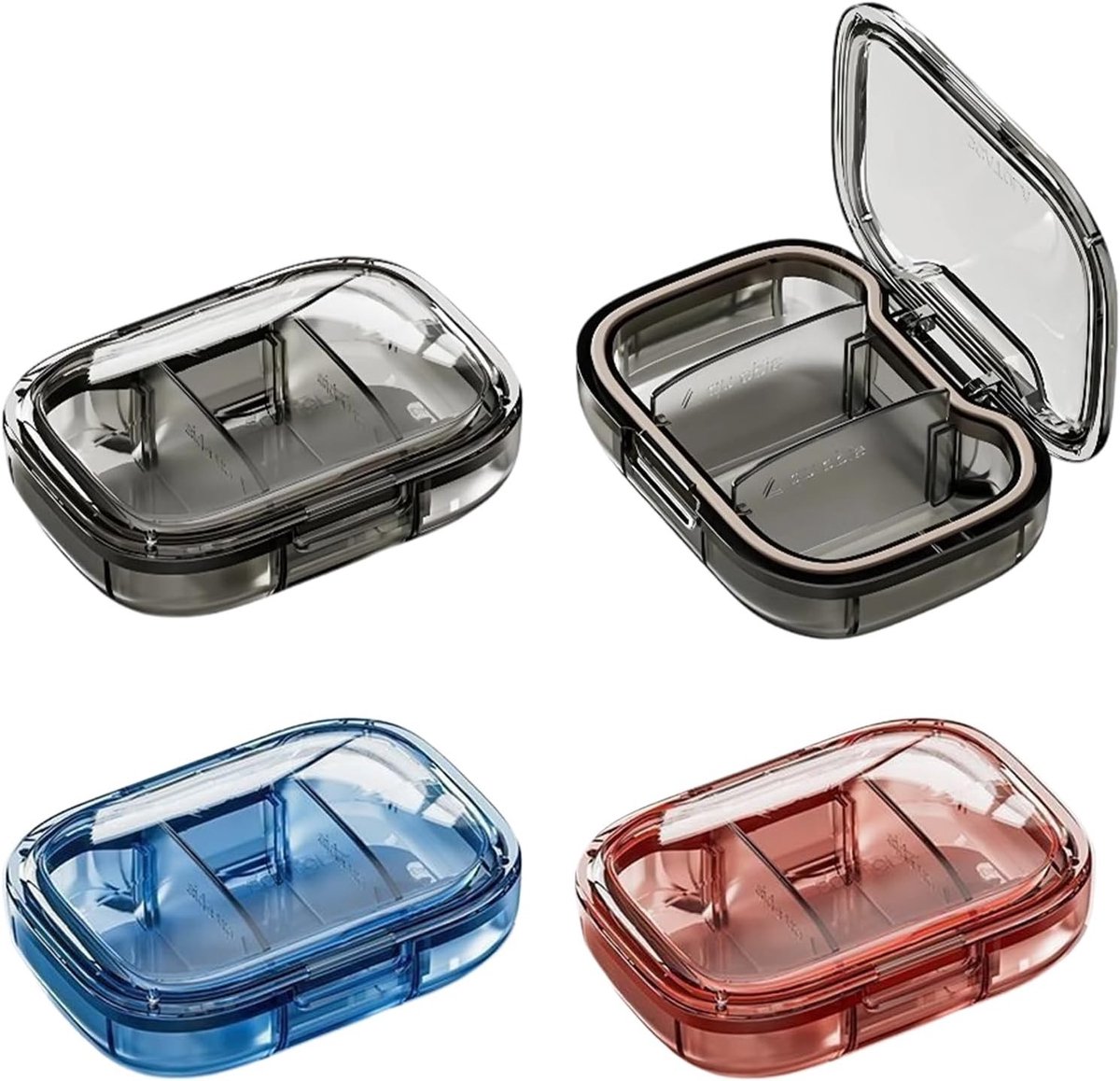 3-delige pillendoos set voor onderweg, compacte medicijnbox voor vitamines en tabletten, ideaal voor reizen en dagelijks gebruik in rood, grijs en blauw