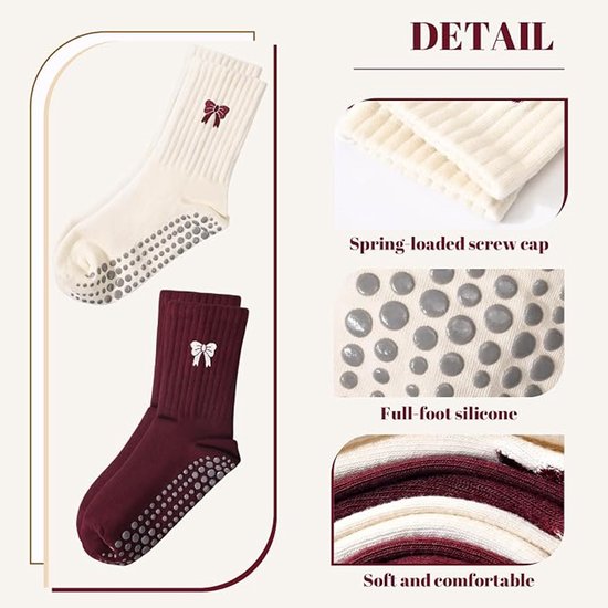 Antislip Pilatessokken voor dames - Verpakking van 2 paar - One size fits all - Antislip en zacht - Geschikt voor Pilatesapparatuur, yoga, fitness en andere oefeningen - Enkellange antislipsokken - Sokken tot halverwege de kuit met strikpatroon — afbeelding 2