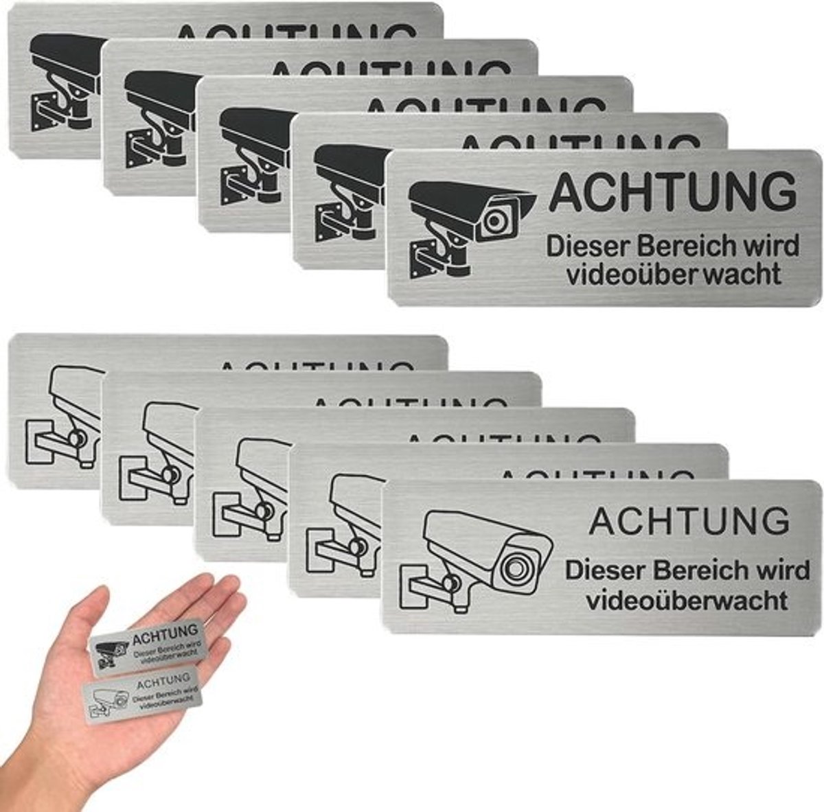 Waarschuwingsborden - Camerabewaking - Veiligheid Aangeven - Zelfklevend Aluminium - 10 Stuks 8.5x3cm - Zwart Wit
