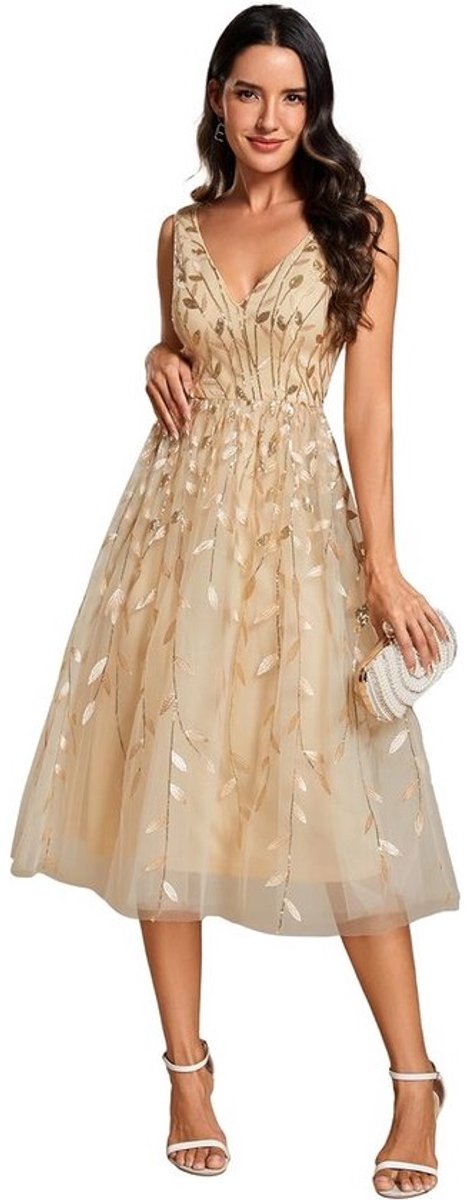 Elegante gastenjurk voor bruiloften en formele bijeenkomsten met strakke pasvorm en V-hals in glinsterende sequins met empire taille en knielengte en zachte voering en zijrits in diverse kleuren en maten