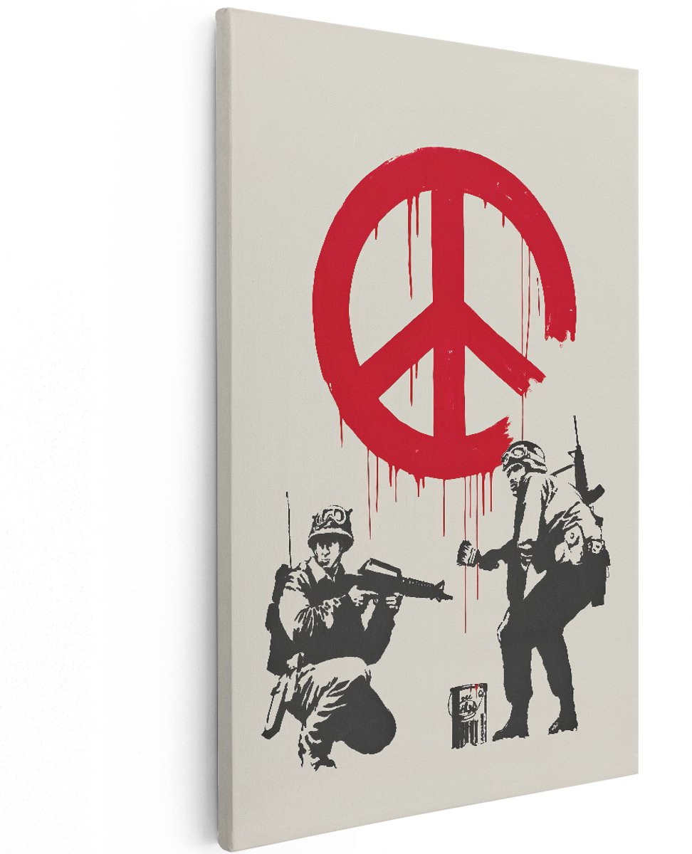 Artaza Canvas Schilderij Banksy Soldaten Vredessymbool - 120x180 cm - Groot - Wanddecoratie Graffiti - Muurdecoratie Street Art - Decoratie Woonkamer