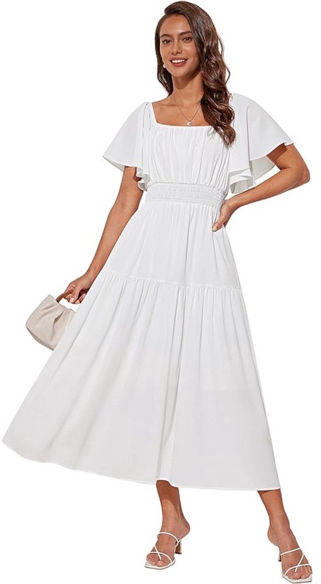 Elegante Chiffon Jurk met Vierkante Hals en Ruches Mouwen voor de Zomer