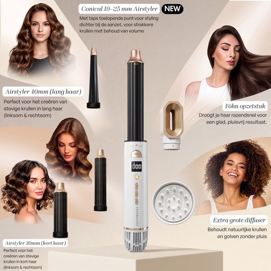 Model met golvend haar en de Sansbeauté airstyler met verschillende opzetstukken: 40mm kruller, 30mm kruller, föhnopzetstuk en extra grote diffuser.