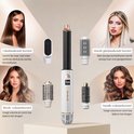 Centraal de witte Sansbeauté airstyler met diverse opzetstukken: gladmakende borstel, brede volumeborstel, kleine volumeborstel, föhn, diffuser en 2x airstyler. Vier vrouwen met verschillende kapsels.