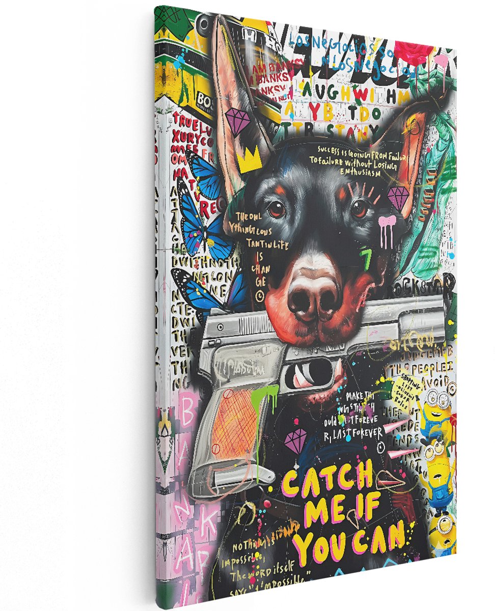 Artaza Canvas Schilderij Doberman - 120x180 cm - Groot - Wanddecoratie Banksy Pop Art - Muurdecoratie Hond - Decoratie Vlinders Graffiti