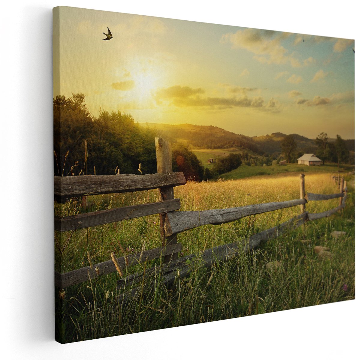 Artaza Canvas Schilderij Boerderij Hekken op het Grasveld - 150x120 cm - Groot - Wanddecoratie Woonkamer - Schilderijen - Muurdecoratie