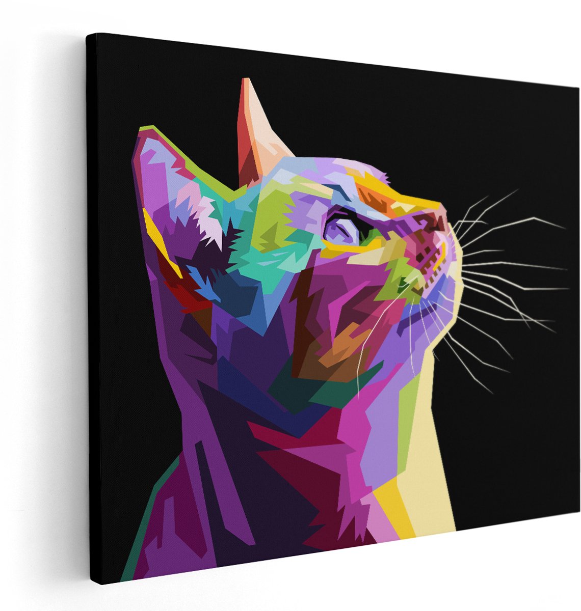 Artaza Canvas Schilderij Kleurrijke Kat Kijkt Naar Boven - Abstract - 150x120 cm - Groot - Wanddecoratie Woonkamer - Schilderijen - Muurdecoratie