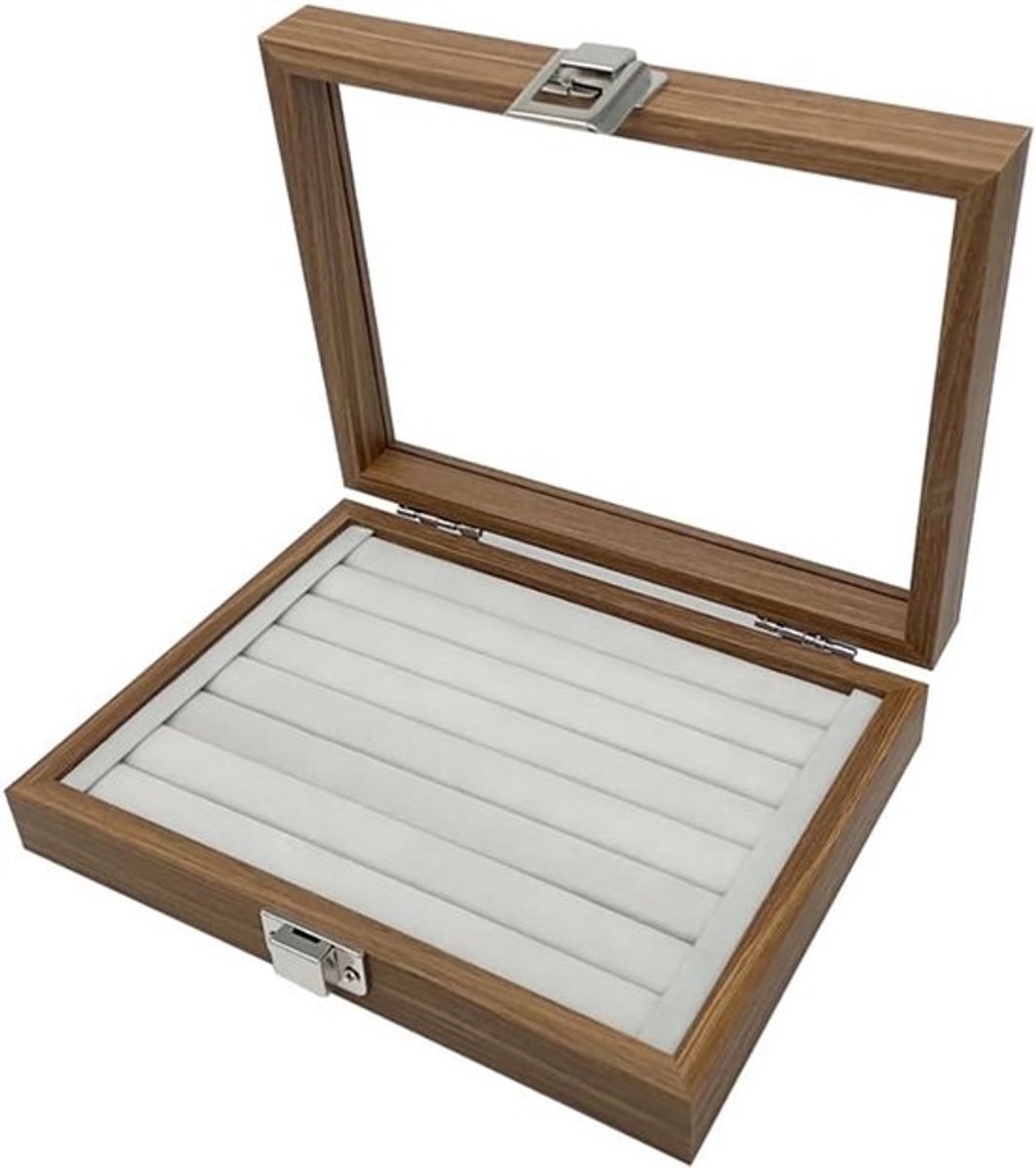 Houten Ringlade met Glazen Deksel - Ringendoos, Sieradenbox & Display voor Ringen