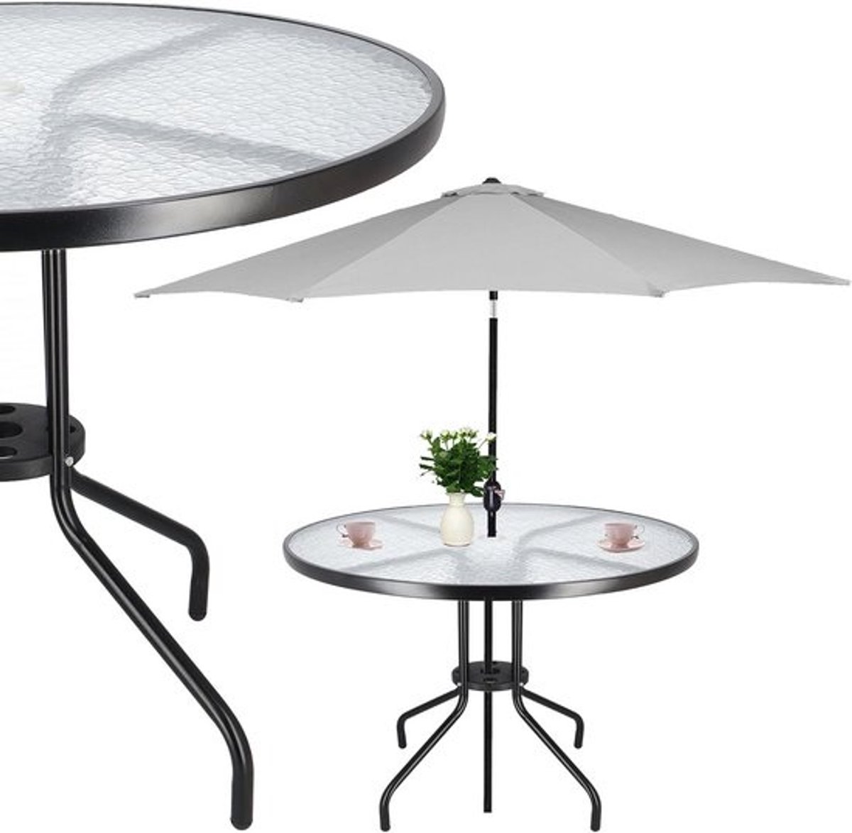 Ronde Tuintafel - Buitentafel Bijzettafel - Buiten Zitten - Gehard Glas - 90 x 72 cm - Zwart