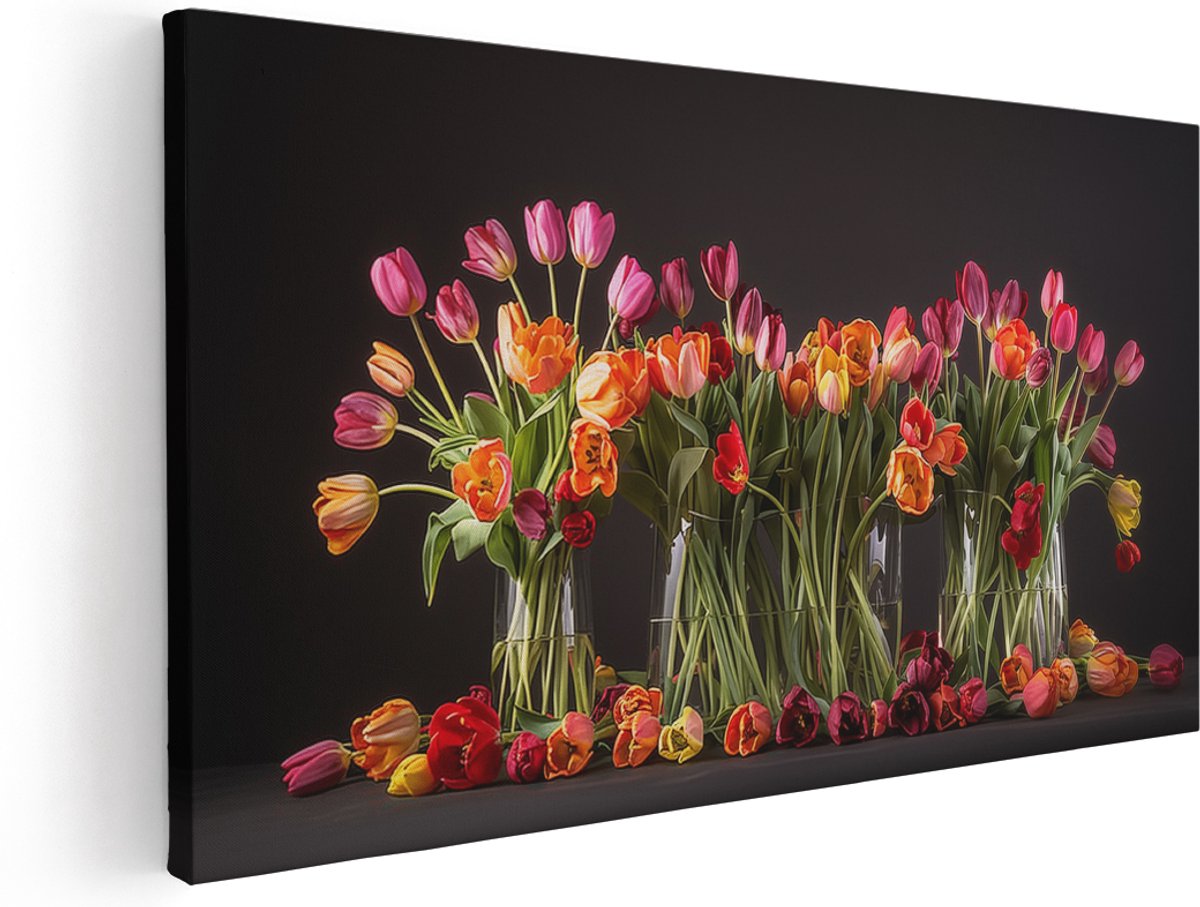 Artaza Canvas Schilderij Tulpen in Vazen op een Zwarte Achtergrond - Bloemen - 160x80 cm - Groot - Klein - Wanddecoratie Woonkamer - Schilderijen - Muurdecoratie