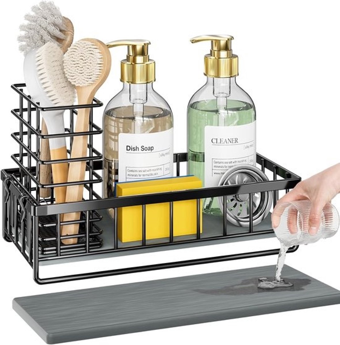 Aanrecht Caddy - Sponshouder Organizer - Keuken Opbergen - Sneldrogend Stenen Pad - 26 x 12 x 14.5 cm - Zwart