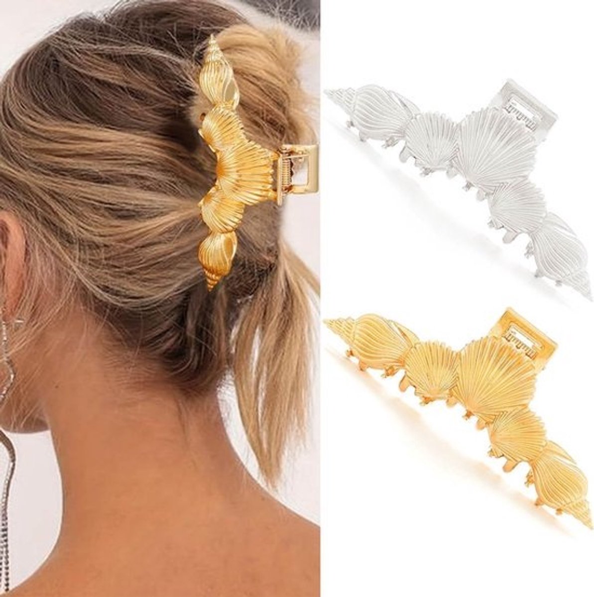 Set van 2 Gouden Metalen Haarclips met Schelp Detal - Stijlvolle Haarspeldjes voor Dames
