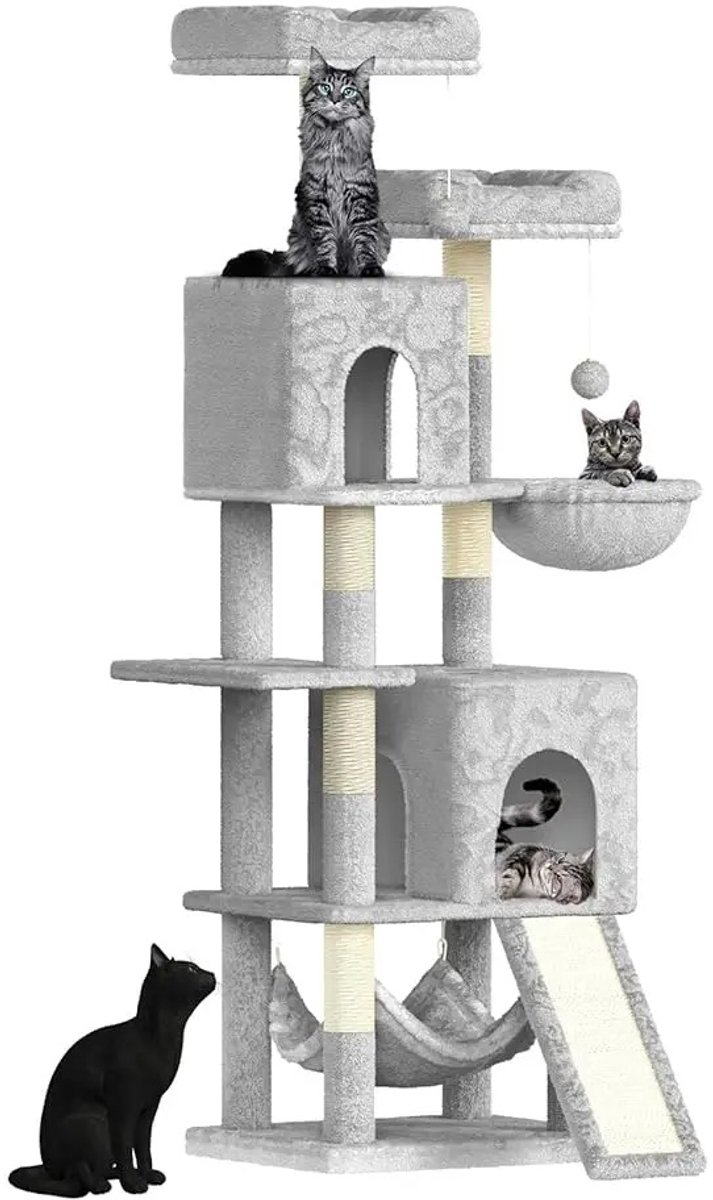 MokoHub Klimtoren - Kattenhuis - Kattenhangmat - 7 Krabpalen - Pluche bekleding - 49×40.5×158 cm - Lichtgrijs