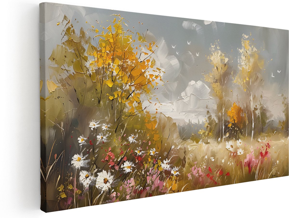 Artaza Canvas Schilderij Bloemenveld - 160x80 cm - Groot - Wanddecoratie Herfst Natuur - Muurdecoratie Vogels - Decoratie Landschap - Kamer Accessoires
