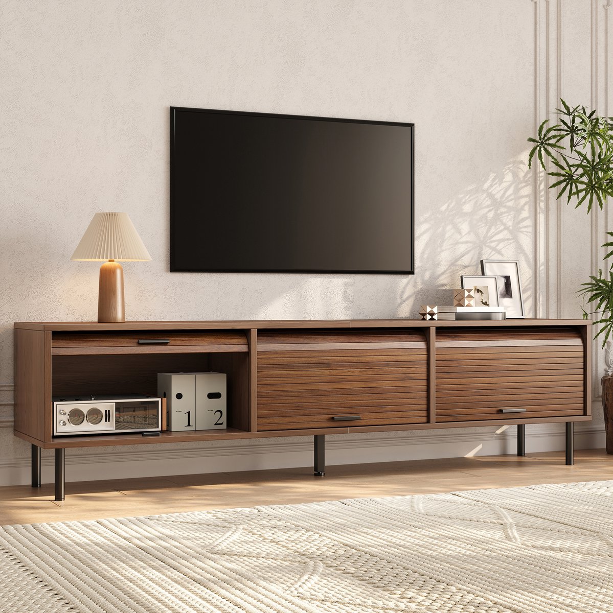 DESMIU Tv Meubel - Drie Schuifdeuren Met Verticale Groefstructuur - Voor Woonkamer En Tv Wand - MDF En Spaanplaat - Walnoot - 180 X 40 X 55 Cm