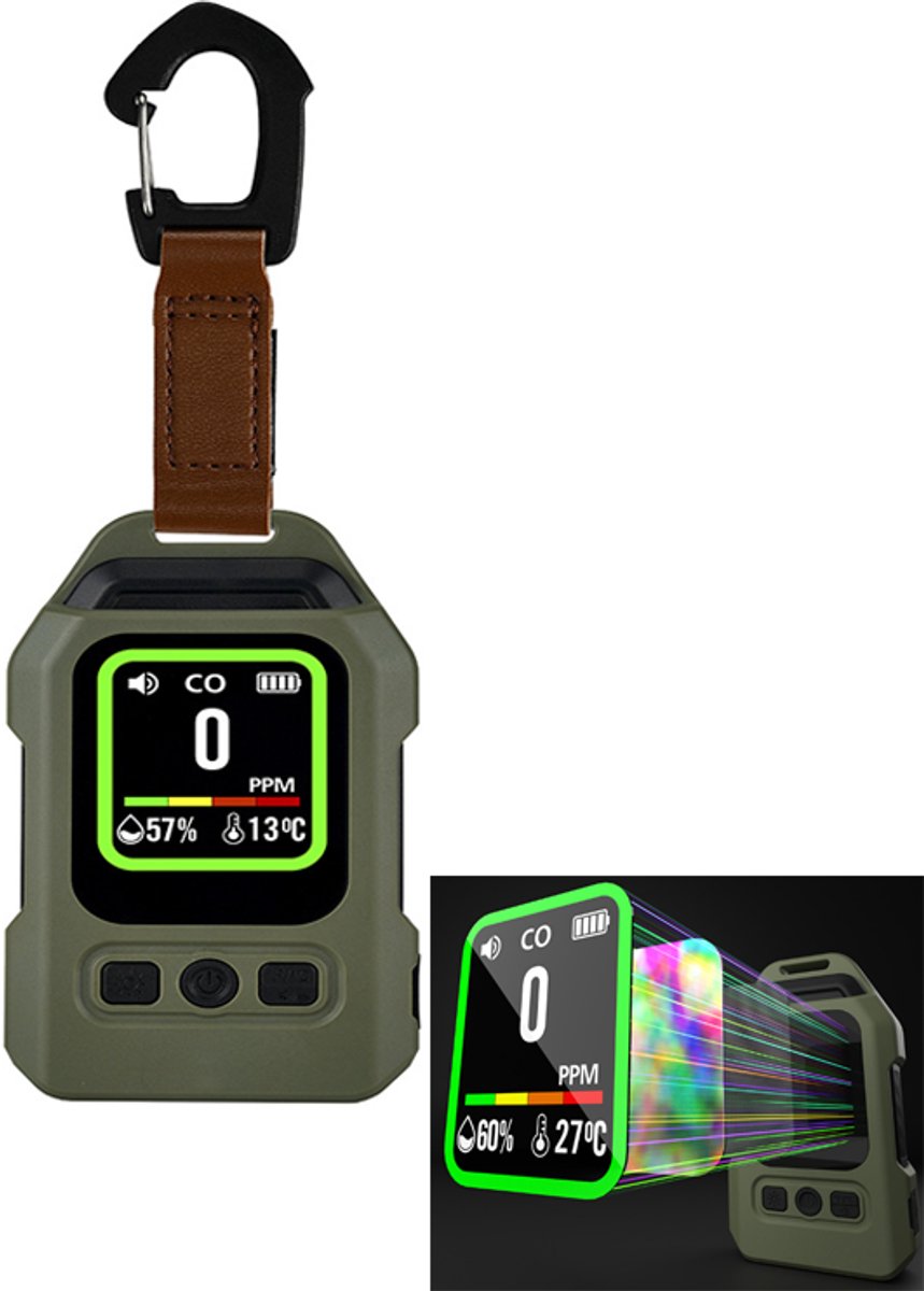KZQ 3-in-1 draagbare koolmonoxidemelder met CO-meter - Temperatuur- en vochtigheidsmeter - COB-zaklamp met magneet en karabijnhaak - USB-C oplaadbaar voor bouw camping camper en thuis - Groen