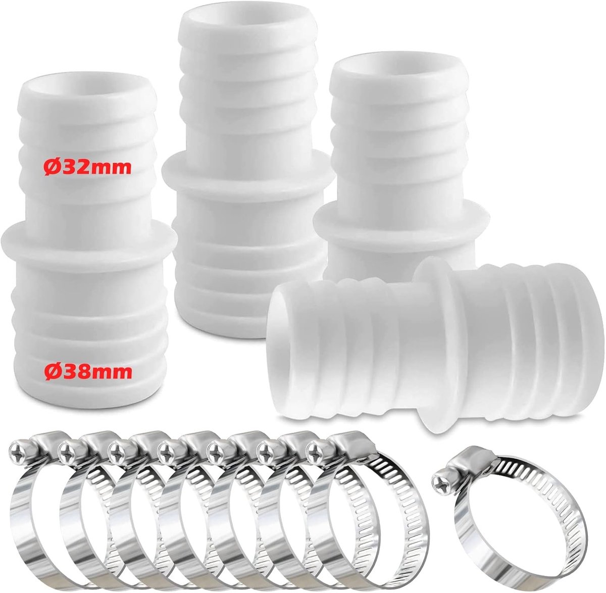 Hose connectors set voor zwembadslangen 32 mm naar 38 mm met klemmen en dubbele slangdouche