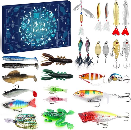 Adventskalender met de tekst 'Merry Fishmas' en 24 verschillende vissen. Diverse kunstaassoorten en -kleuren.