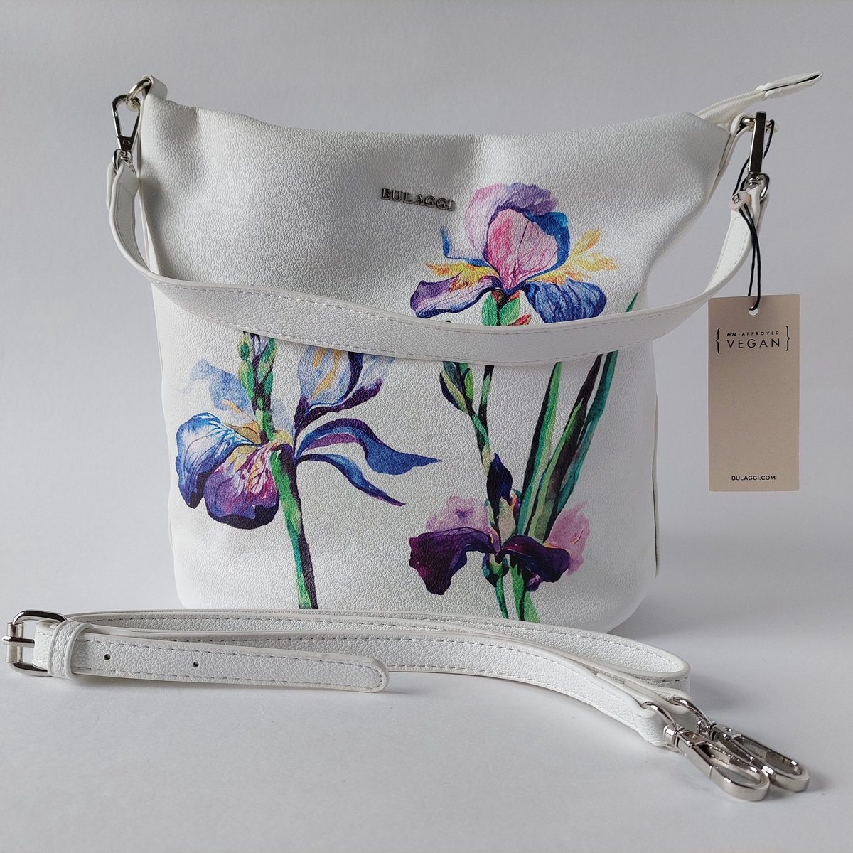 Schoudertas - dames - Iris bloemen - wit - blauwe voering