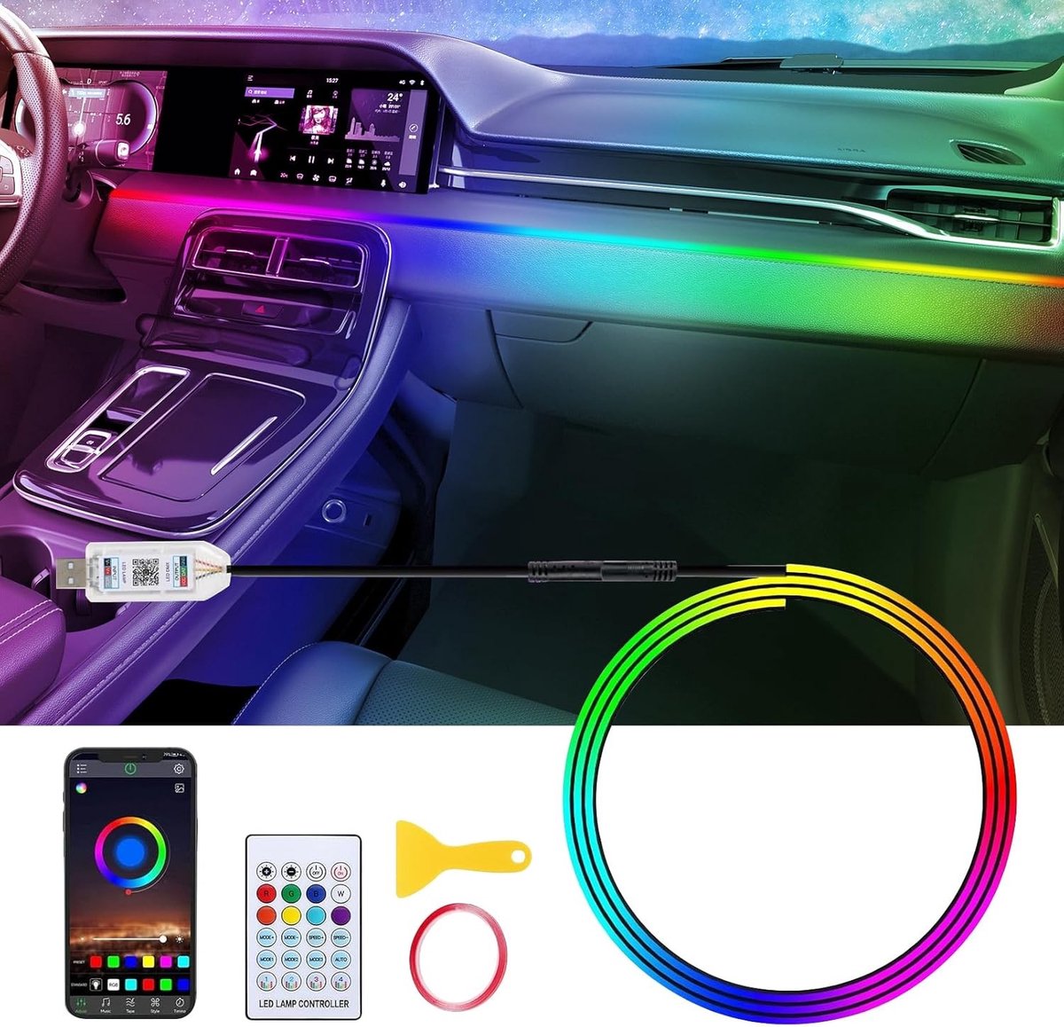 RGB LED Interieurverlichting voor Auto - 110 cm, 146 LEDs, 219 Scene Opties, App en Afstandsbediening, USB Aansluiting, Perfect voor Cadeaus en Stijlvolle Verlichting