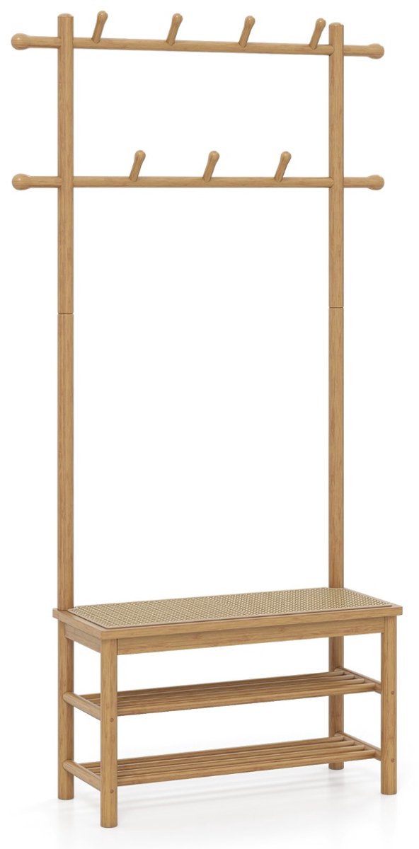 SureDeal® - Kapstok - Bamboe Kapstok Rotan - Bankje - Schoenenkast Drie één - 71x30x169,5 cm - Naturel