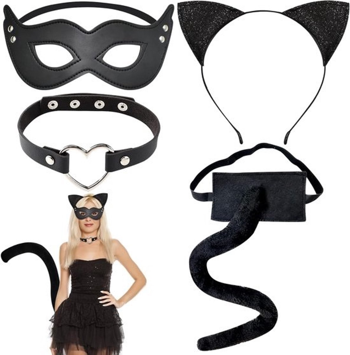 Dames Kattenkostuum Set 4 Delig - Oortjes, Staart, Halsband & Masker voor Feest en Carnaval
