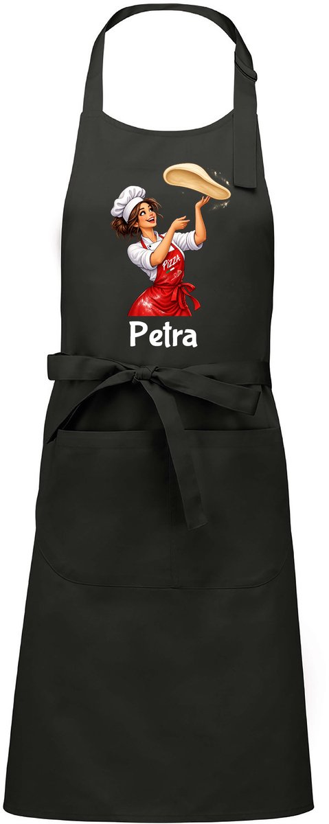 Luxe Horecaschort - Unisex Schort - Keukenschort - Barbecueschort - Kookschort - Halterschort - 76 x 90 cm - voorvak - verstelbaar - Pizza - vrouw - met naam - grijs