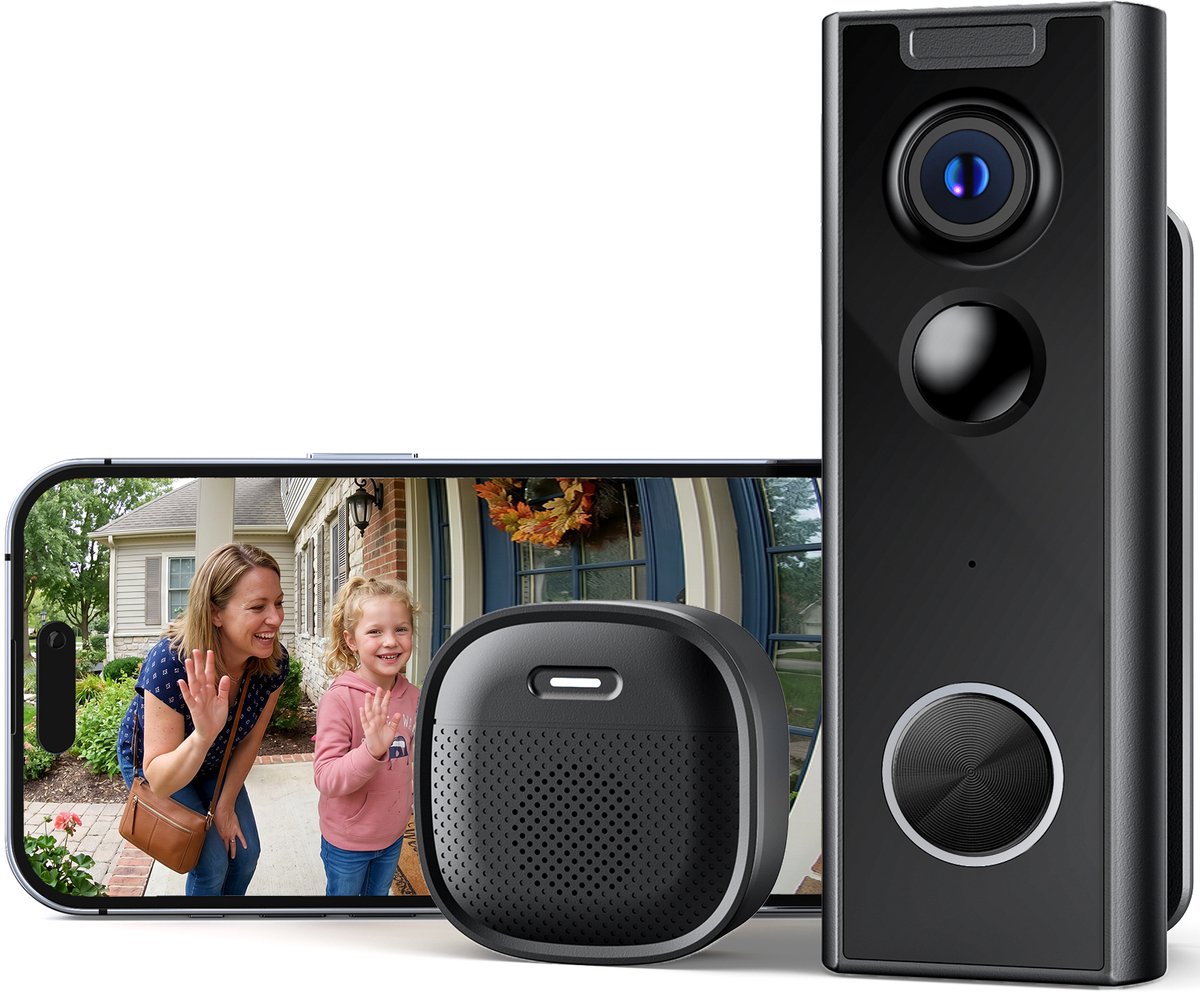 ieGeek Video Deurbel Camera - 3MP 2K HD met Draadloze Gong - 2-Weg-Audio - 16 inch Nachtzicht - Slimme Videodeurtelefoon Wi-Fi Inclusief Chime - Waterdicht - Compatibel met Alexa