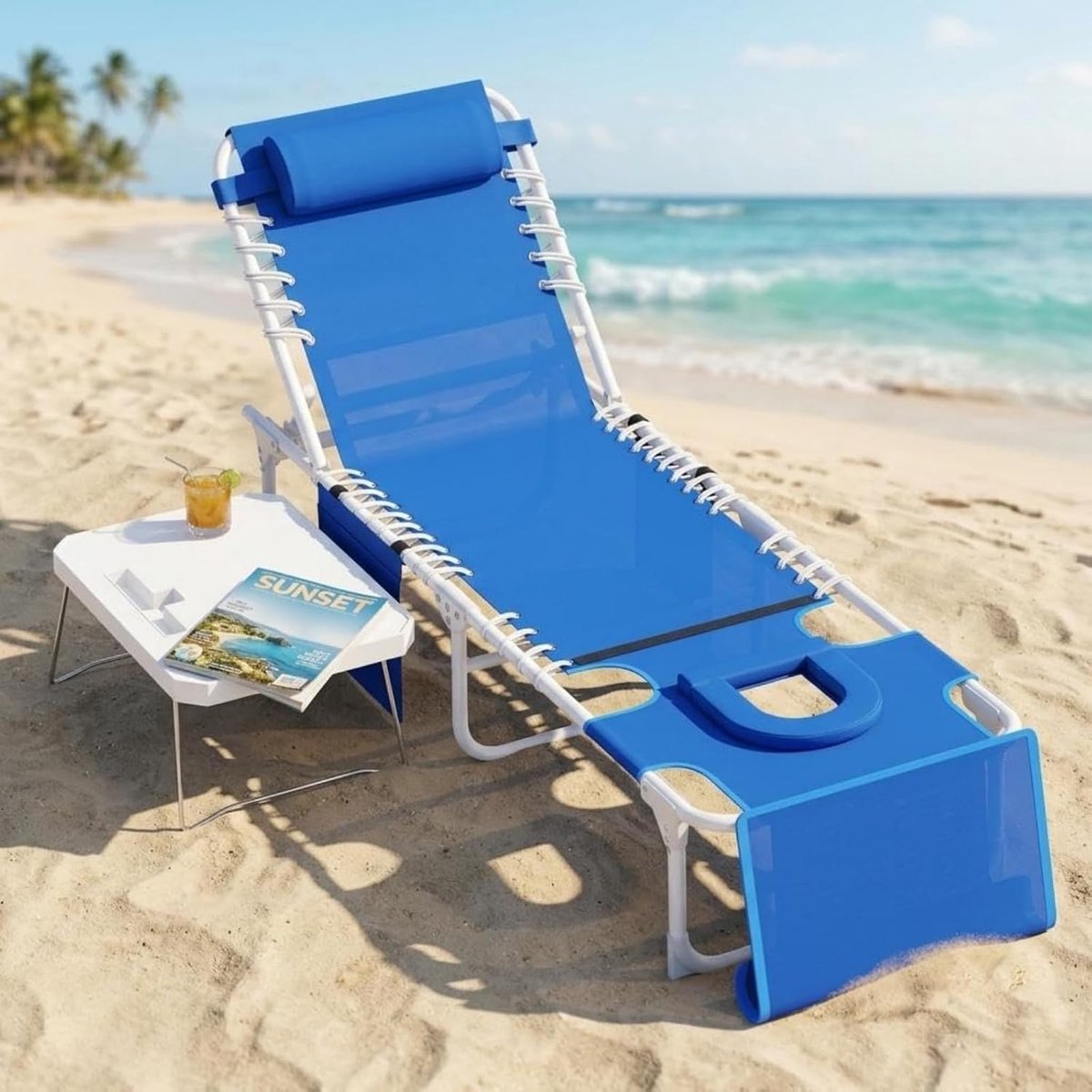 3-in-1 Luxe Strandstoel met Gezichtsopening - Opvouwbaar Zonnebed met Zijtafel - Verstelbaar in 5 Standen - Max. 150 kg - Textilene Ligbed voor Strand & Tuin - Blauw