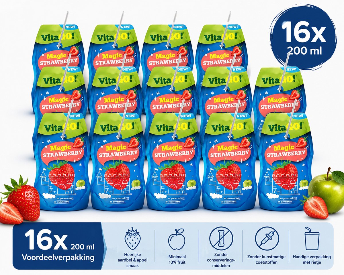 VitaGO Magic Strawberry Fruitdrank – 16 x 200 ml – Appel & Aardbei – Min. 10% Fruit – Met Rietje – Zonder Conserveringsmiddelen
