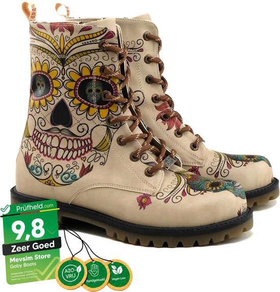 Goby Sugar Skull Dames Laarzen – Handmade – Vegan Leer – Maat 36