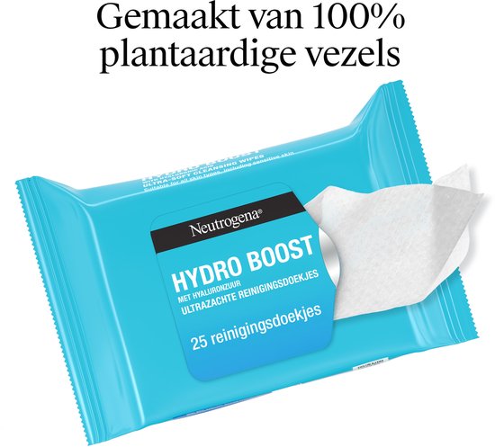 Neutrogena Hydro Boost gezichtsdoekjes in een helderblauwe verpakking, 25 stuks.