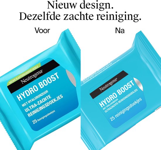 Neutrogena Hydro Boost reinigingsdoekjes: verpakking met nieuw design versus oude design.
