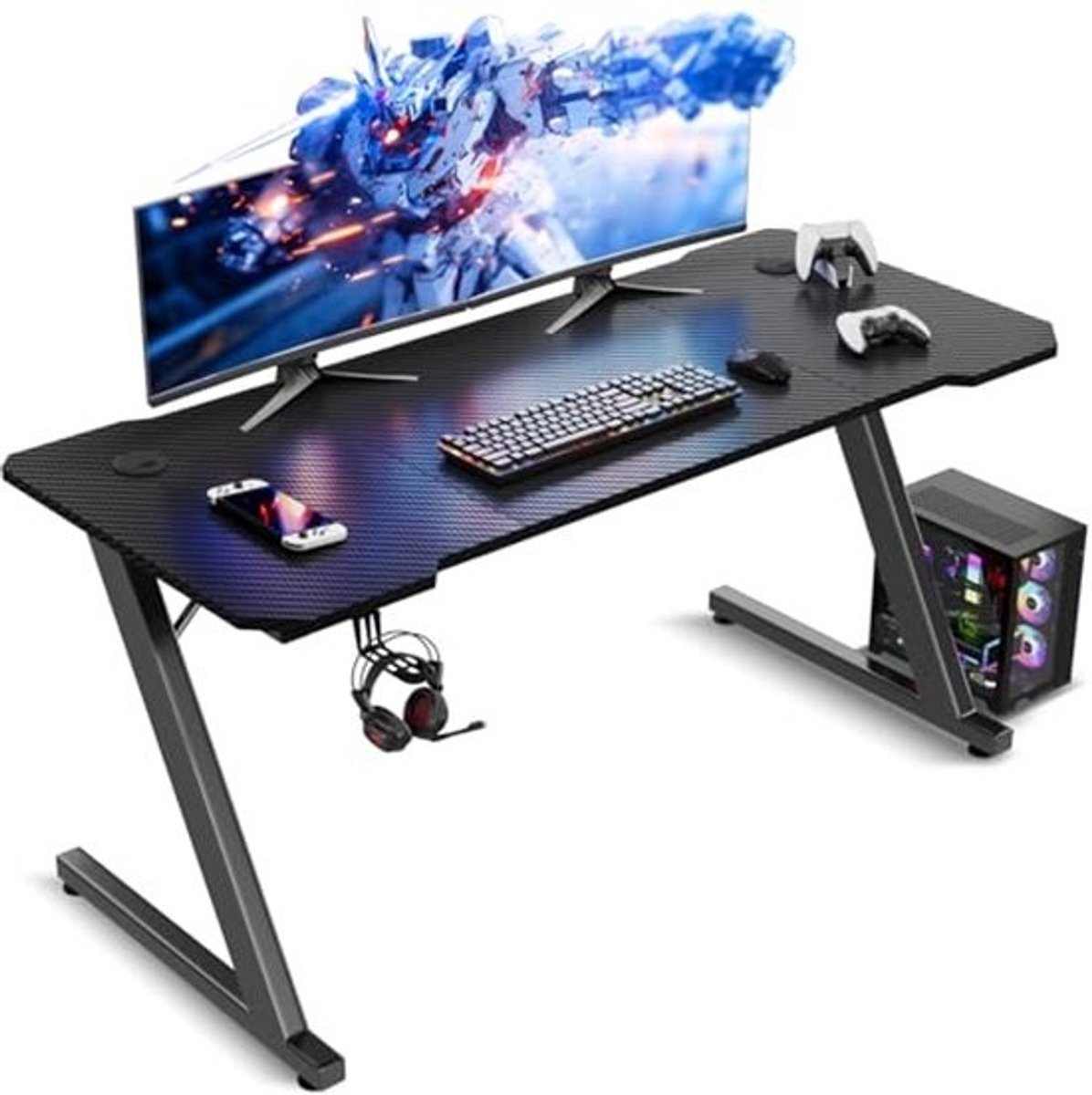 Gaming Bureau 120x60CM - Ergonomisch PC Bureau met Cool Z-Vorm en Hooftelefoon Haak