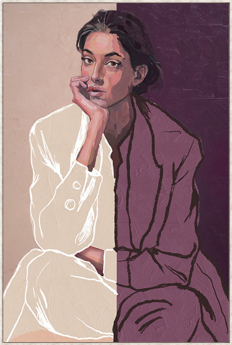 Ter Halle - Handgeschilderd Schilderij - Wanddecoratie - Vrouw In Het Beige En Paars - 80x120cm