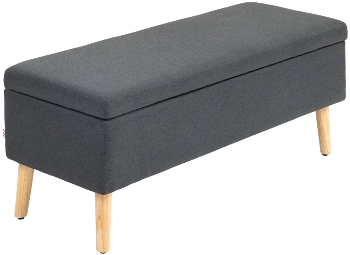 Bankje - Gestoffeerde Bank Met Opbergruimte - Bedbank In Linnenlook - Rubbenhout - 110 x 39 x 45 cm - Donkergrijs