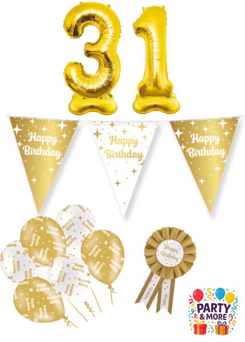 Party & More - 31 jaar - verjaardag versiering - ballonnen - slinger - cijferballon - Luxe Gouden Feestdecoratie Set – Compleet Pakket – versiering - verjaardag