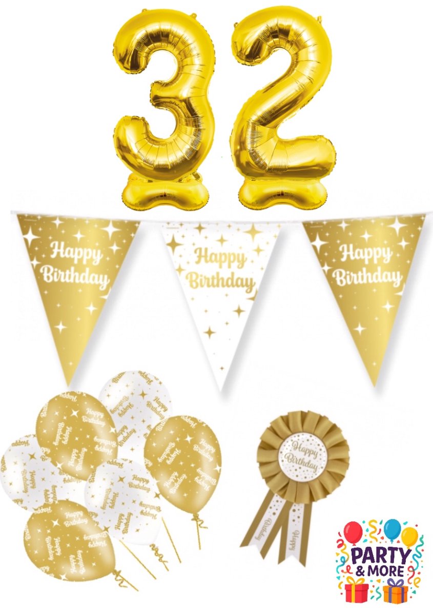 Party & More - 32 jaar - verjaardag versiering - ballonnen - slinger - cijferballon - Luxe Gouden Feestdecoratie Set – Compleet Pakket – versiering - verjaardag