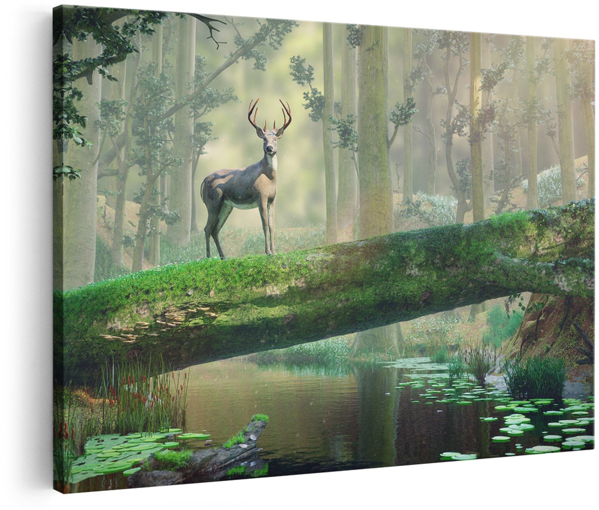Artaza Canvas Schilderij Hert In Het Bos Op Een Boom - 180x120 cm - Groot - Foto Op Canvas - Wanddecoratie Woonkamer