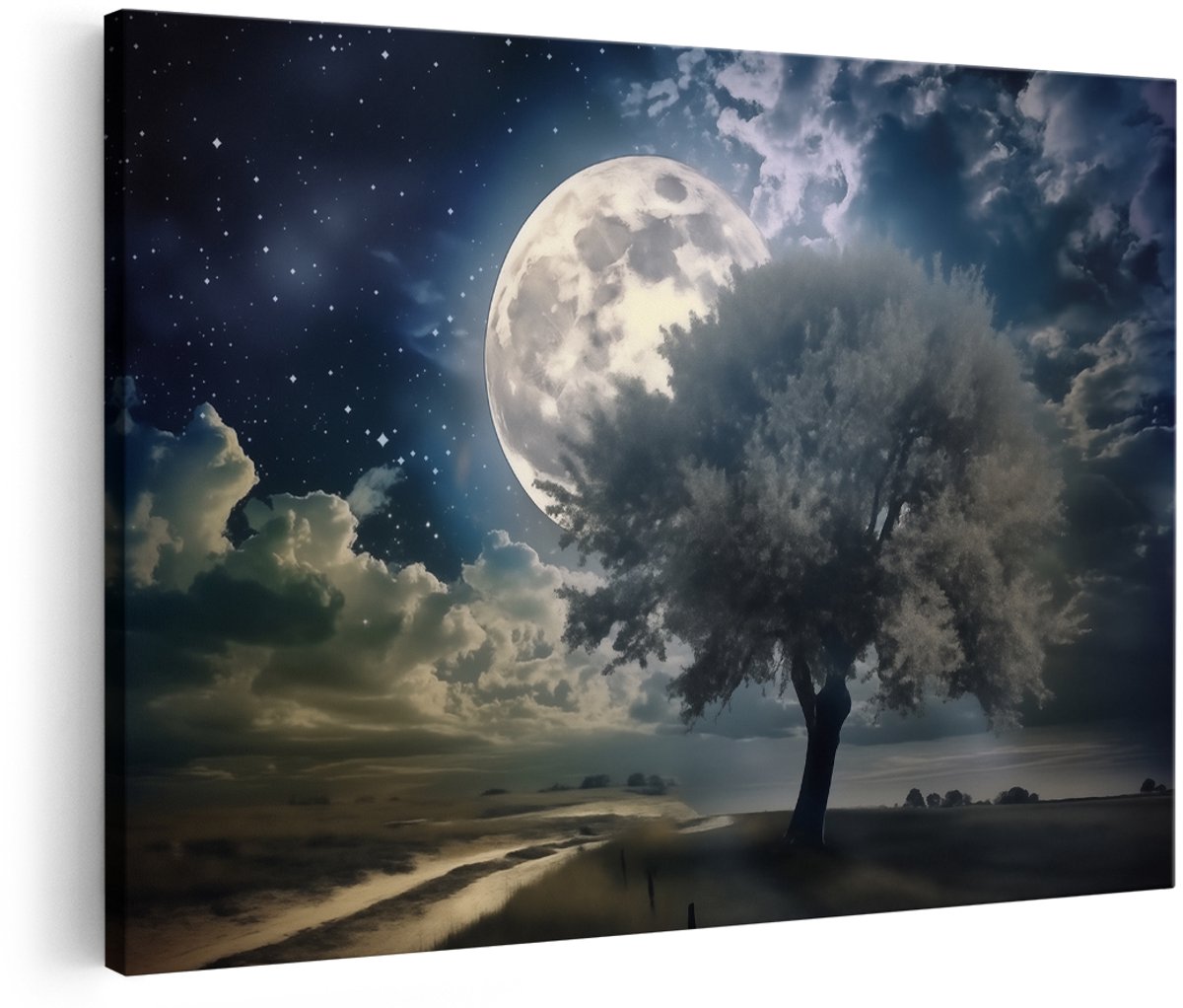Artaza Canvas Schilderij Volle Maan boven een Boom - 180x120 cm - Groot - Wanddecoratie Woonkamer - Schilderijen - Muurdecoratie