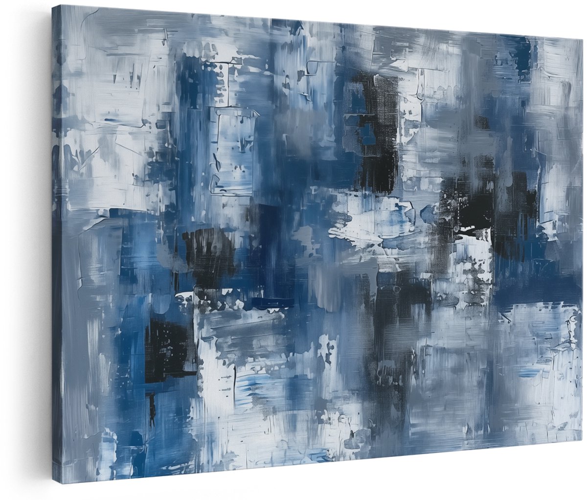 Artaza Canvas Schilderij Abstract Kunstwerk van Blauwe en Witte Vierkanten - 180x120 cm - Groot - Wanddecoratie Woonkamer - Schilderijen - Muurdecoratie