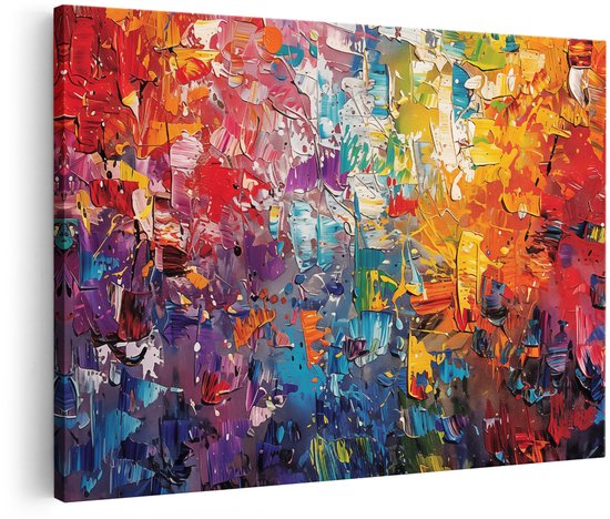 Peinture abstraite avec des coups de pinceau épais en rouge, orange, jaune, violet et bleu.