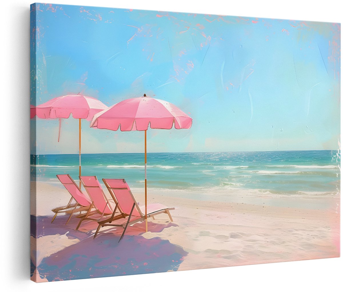 Artaza Canvas Schilderij Strand - 180x120 cm - Groot - Wanddecoratie Zee - Muurdecoratie Roze Parasols - Decoratie Landschap Turquoise Oceaan